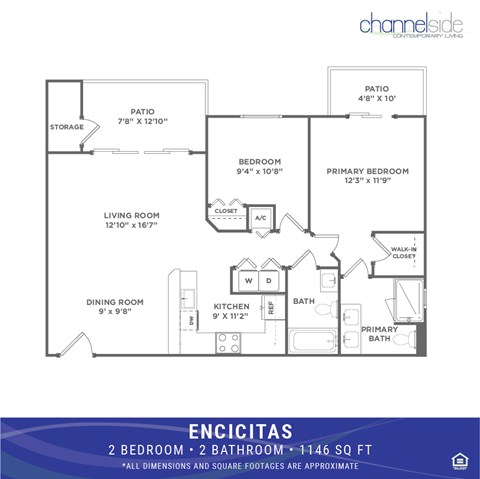 Floor plan for 2 beds, 2 baths, 1146 sqft